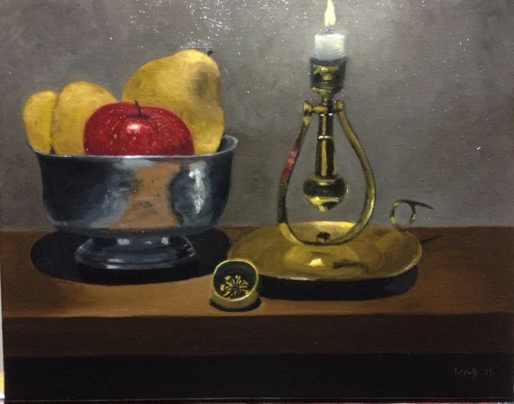 Peinture intitulée "shadowbox apples an…" par Flatty, Œuvre d'art originale, Huile