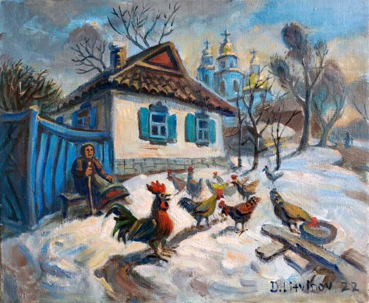 Painting titled "Ukrainian hinterland" by Daniel Litvinov, Original Artwork, Oil Mounted on Wood Stretcher frame