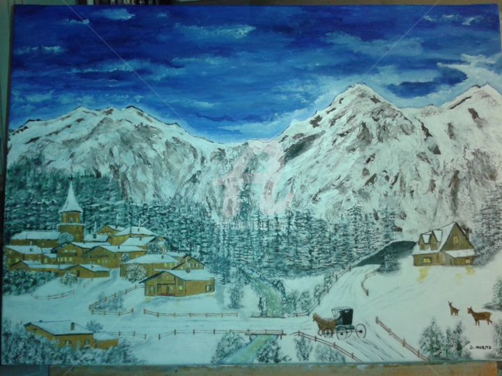 Painting titled "Caleche a la neige" by Daniel Moritz, Original Artwork, Oil