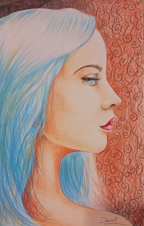 Dessin intitulée "Mujer de pelo azul" par Daniel Portales, Œuvre d'art originale, Crayon