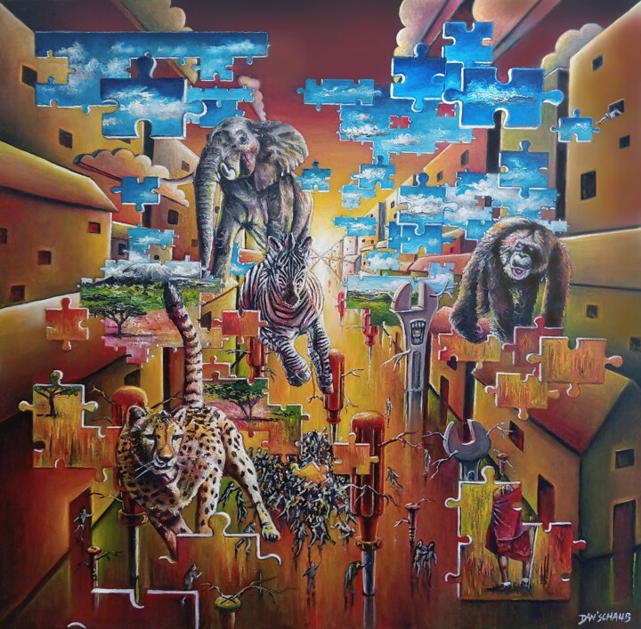 Картина под названием "Le puzzle" - Daniel Schaub, Подлинное произведение искусства, Масло Установлен на Деревянная рама для…