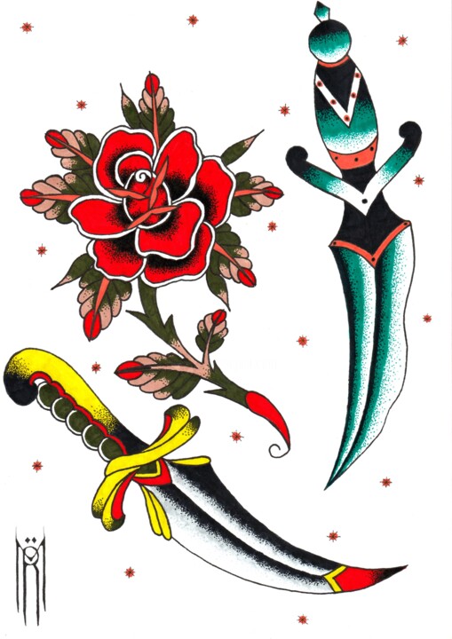 Tekening getiteld "Rose And Daggers Fl…" door Daniel Ströfer, Origineel Kunstwerk, Marker
