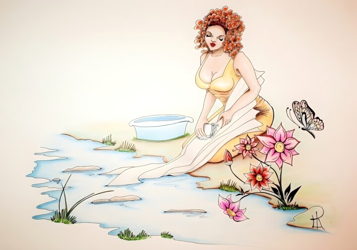 Disegno intitolato "La lavandaia" da Daniela La Rovere, Opera d'arte originale, Matite colorate