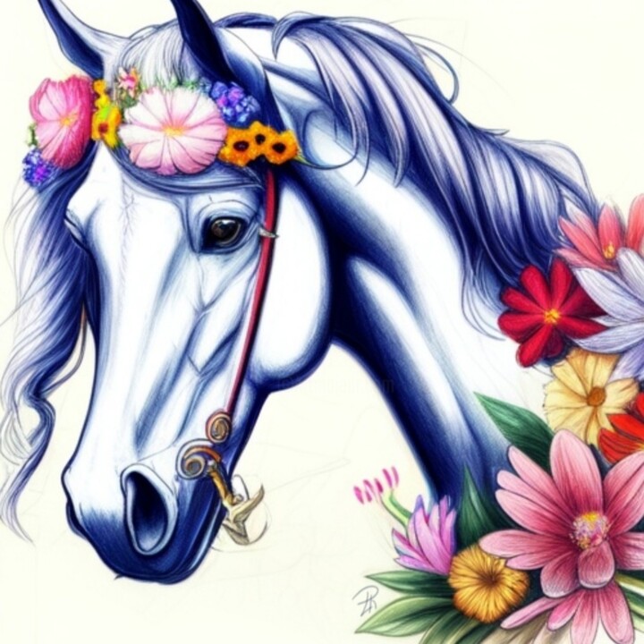 Drawing titled "Cavallo e fiori" by Daniela La Rovere, Original Artwork, Conté