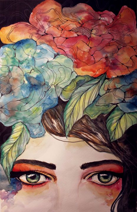 Schilderij getiteld "Flower woman" door Daniela Mejia, Origineel Kunstwerk