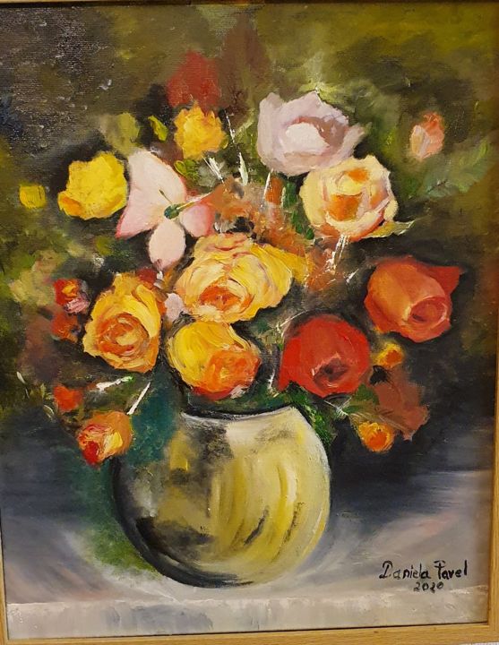 Painting titled "Trandafiri" by Daniela Pavel, Original Artwork, Oil