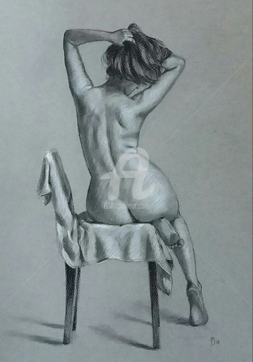 Desenho intitulada "Nudo di schiena sed…" por Daniela Protopapa, Obras de arte originais, Carvão