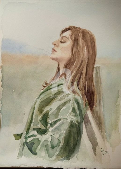Painting titled "Cappotto verde" by Daniela Protopapa, Original Artwork, Watercolor