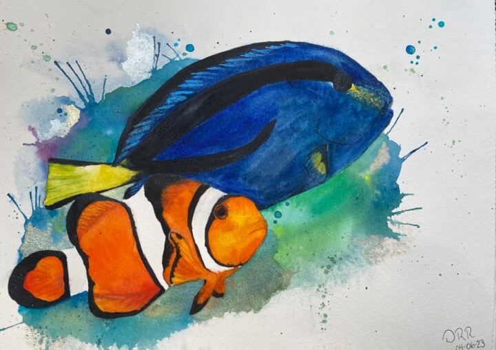 Malerei mit dem Titel "Fishes" von Daniela Rios, Original-Kunstwerk, Aquarell