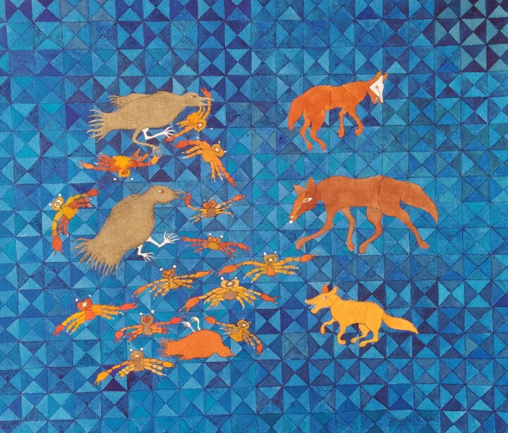 Peinture intitulée "Cangrejos en azul" par Daniela Cuellar, Œuvre d'art originale, Encre