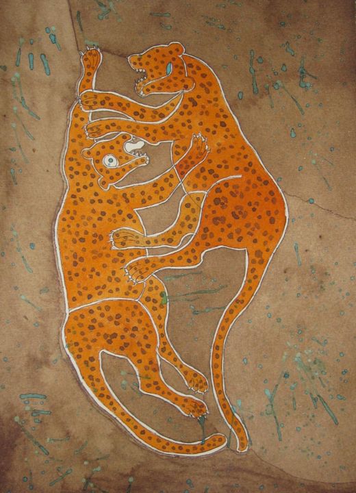 Painting titled "2-jaguares-nocturno…" by Daniela Cuellar, Original Artwork, Ink