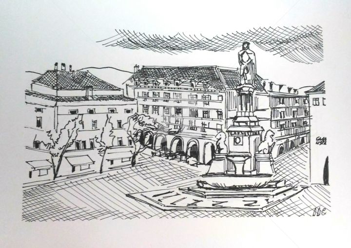 Disegno intitolato "Piazza Walther" da Daniela Di Costanzo, Opera d'arte originale, Inchiostro