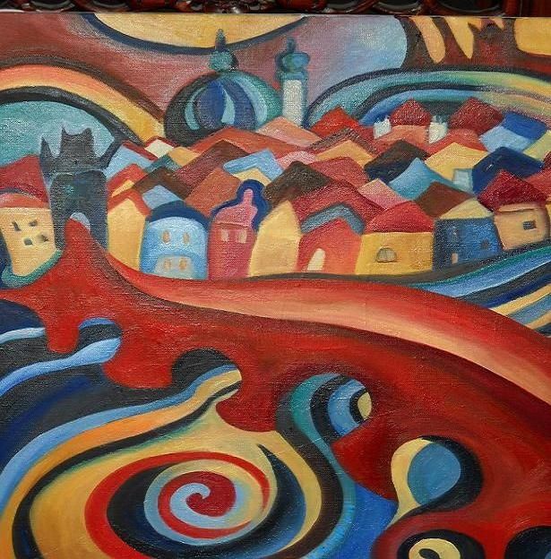 Painting titled "Red Bridge" by Daniela Safrankova, Original Artwork, Oil