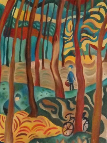 Painting titled "Mushroom Picking" by Daniela Safrankova, Original Artwork, Oil