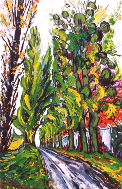 Peinture intitulée "La route aux peupli…" par Kévin Blot, Œuvre d'art originale, Huile