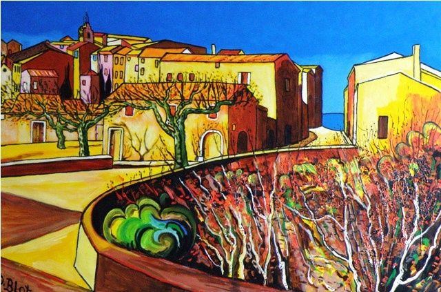 Painting titled "Au village méridion…" by Kévin Blot, Original Artwork, Oil