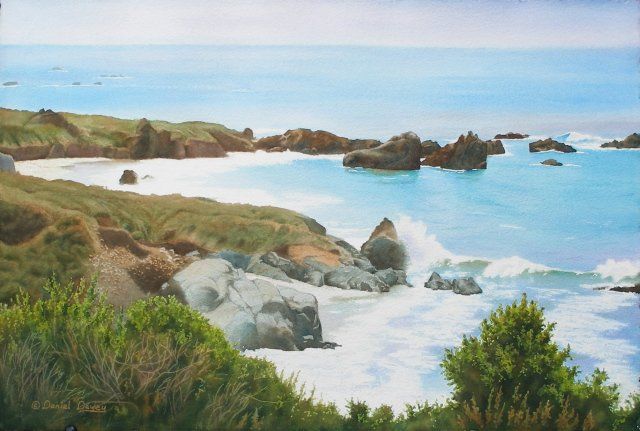 Painting titled "Rocks & Waves - Cal…" by Daniel Dayley, Original Art, Oil