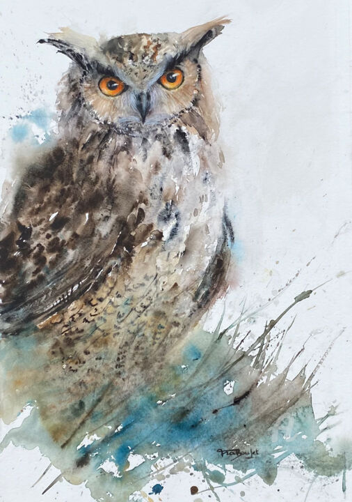 Painting titled "The Great horned Ow…" by Danièle Fraboulet, Original Artwork, Watercolor