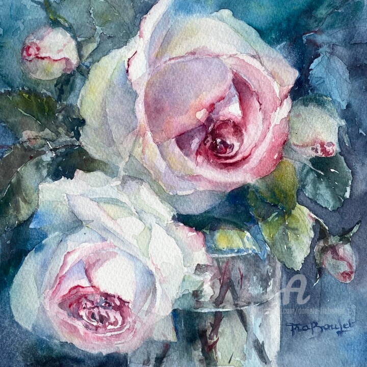 Ζωγραφική με τίτλο "Bouquet de roses Ro…" από Danièle Fraboulet, Αυθεντικά έργα τέχνης, Ακουαρέλα