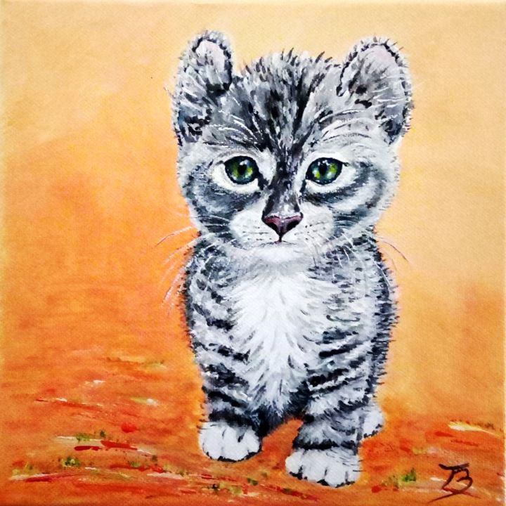 Painting titled "Chaton gris" by Danièle Kechidi, Original Artwork, Acrylic Mounted on Wood Stretcher frame