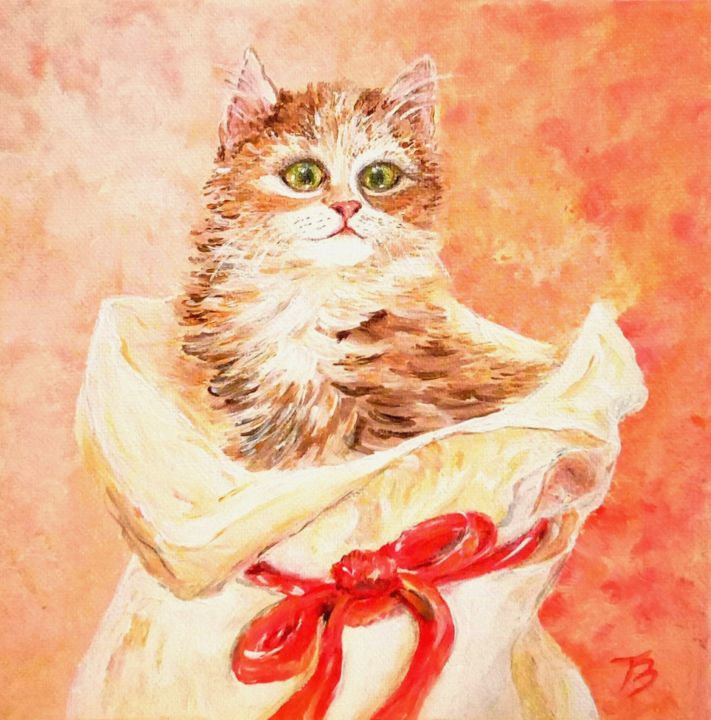 Pittura intitolato "Chaton de Noël" da Danièle Kechidi, Opera d'arte originale, Acrilico Montato su Telaio per barella in le…