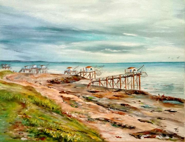 Painting titled "Carrelets - St Pala…" by Danièle Kechidi, Original Artwork, Oil Mounted on Wood Stretcher frame