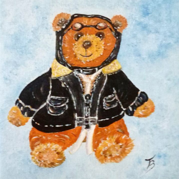 Painting titled "Nounours aviateur" by Danièle Kechidi, Original Artwork, Acrylic Mounted on Wood Stretcher frame