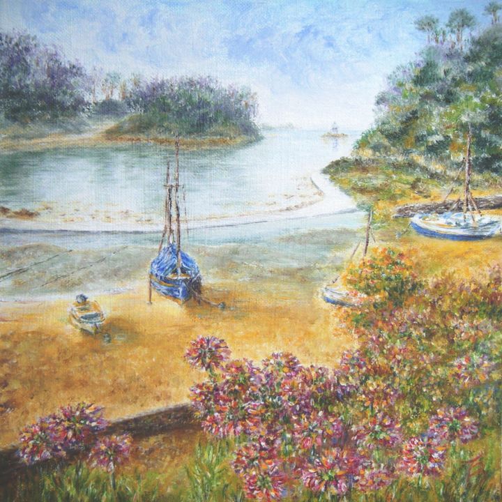 Painting titled "Port Clos (Bretagne)" by Danièle Kechidi, Original Artwork, Oil Mounted on Wood Stretcher frame