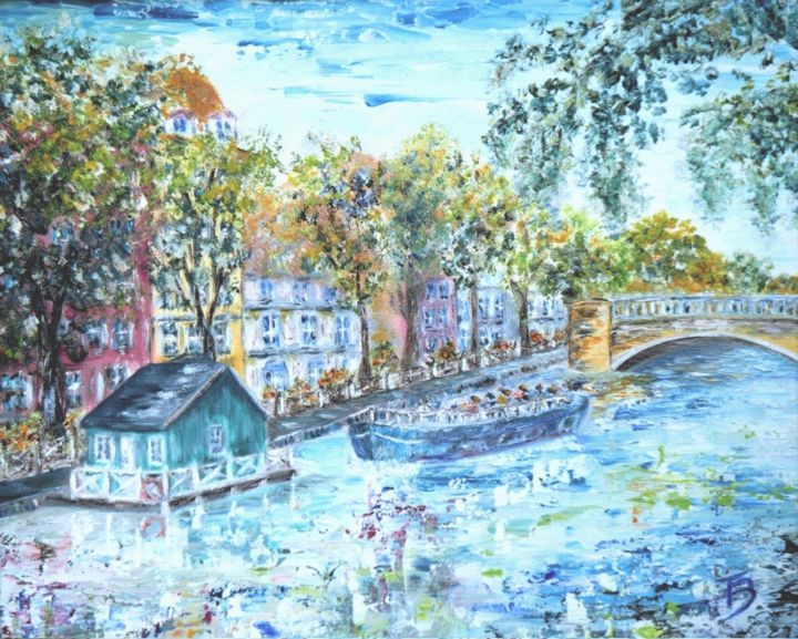 Painting titled "Canal à Copenhague" by Danièle Kechidi, Original Artwork, Oil Mounted on Wood Panel