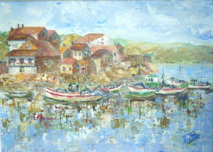 Painting titled "Port en Espagne" by Danièle Kechidi, Original Artwork, Oil Mounted on Wood Panel