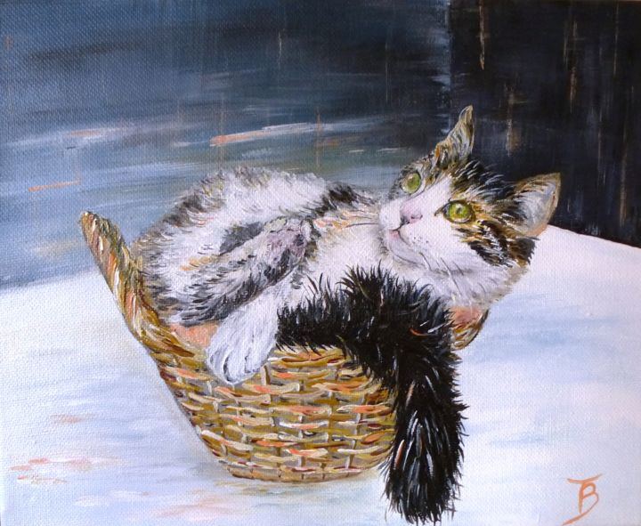 Schilderij getiteld "Minou au panier" door Danièle Kechidi, Origineel Kunstwerk, Acryl Gemonteerd op Frame voor houten branc…