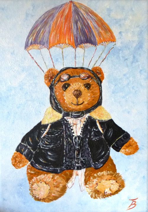 Painting titled "Nounours aviateur" by Danièle Kechidi, Original Artwork, Acrylic Mounted on Wood Stretcher frame