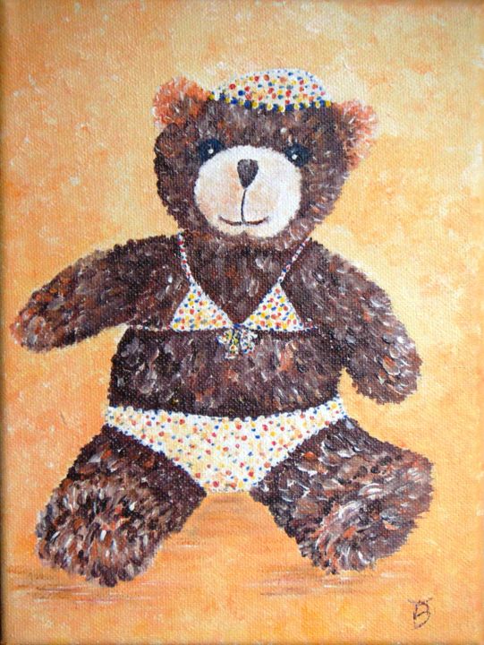 Malerei mit dem Titel "Nounours en maillot…" von Danièle Kechidi, Original-Kunstwerk, Acryl Auf Keilrahmen aus Holz montiert