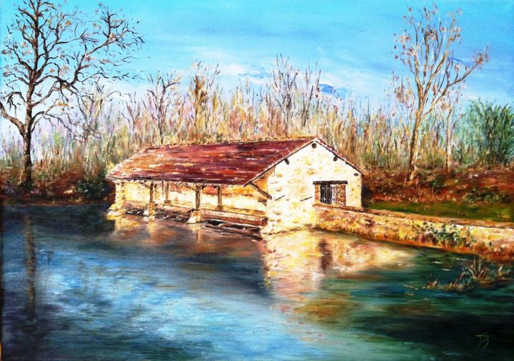 Painting titled "Lavoir de Villeneuve" by Danièle Kechidi, Original Artwork, Oil Mounted on Wood Stretcher frame