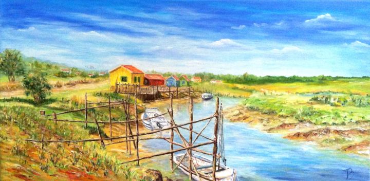 Painting titled "Mornac et ses caban…" by Danièle Kechidi, Original Artwork, Oil Mounted on Wood Stretcher frame