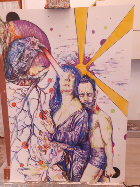 Desenho intitulada "Lovers and the death" por Daniele Zaggia, Obras de arte originais, Conté