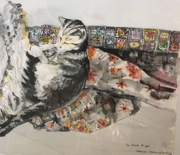 Peinture intitulée "Le Chat au tissu" par Danièle Laffillé, Œuvre d'art originale, Aquarelle