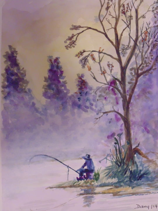 Painting titled "Pèche matinale" by Daniel Halin, Original Artwork, Watercolor