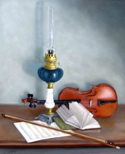 Pintura titulada "violon et livre" por Daniel Lavabre, Obra de arte original, Oleo