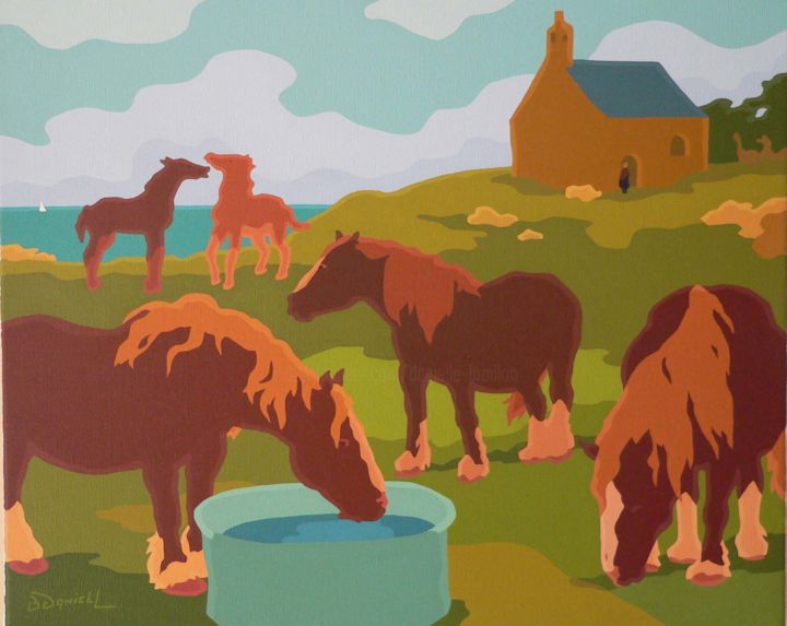 Painting titled "Chevaux à la Chapel…" by Danielle Braillon (DANIELL), Original Artwork, Oil