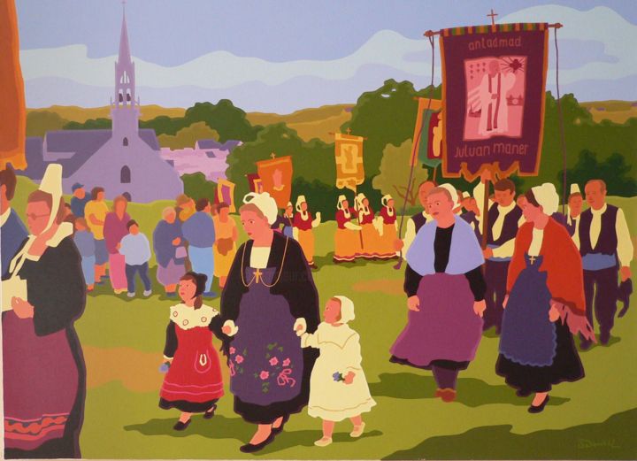 Painting titled "Procession de Saint…" by Danielle Braillon (DANIELL), Original Artwork, Oil