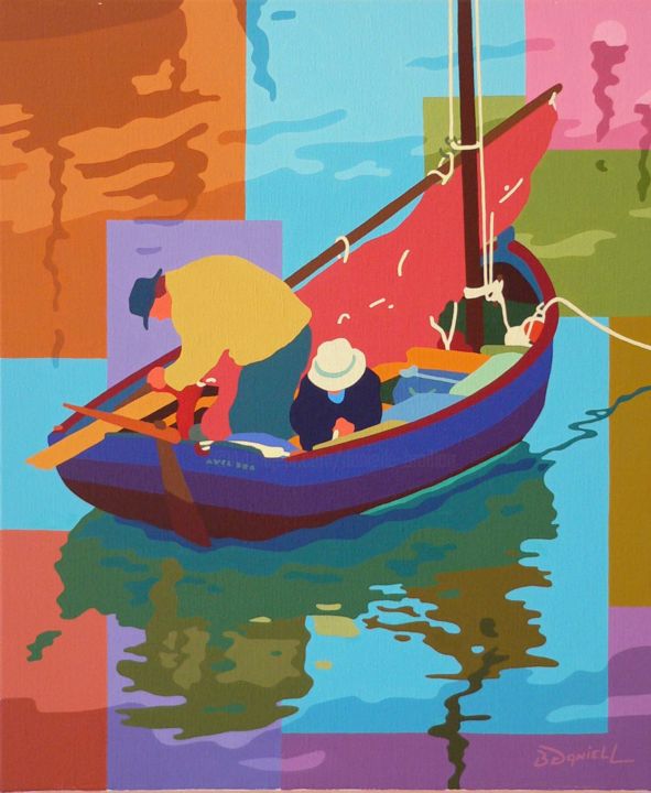 Peinture intitulée "Départ pour la pêche" par Danielle Braillon (DANIELL), Œuvre d'art originale, Huile