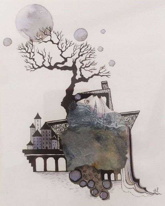 Рисунок под названием "Esquif 3" - Danielle Lequin, Подлинное произведение искусства, Чернила Установлен на Стекло