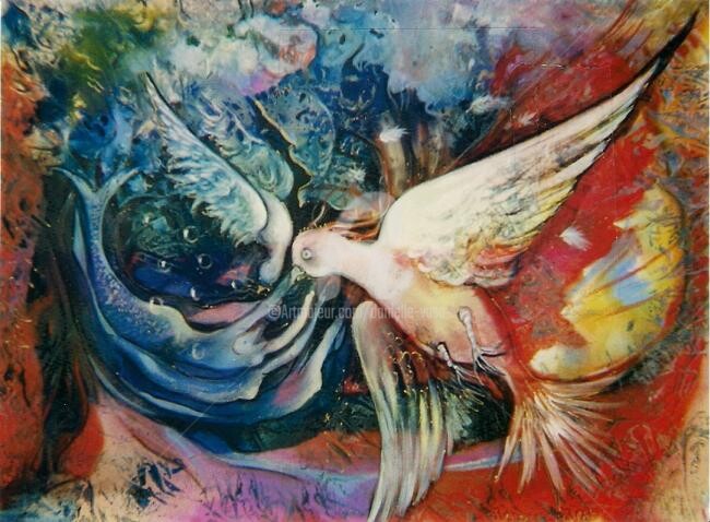 Peinture intitulée "L'oiseau et la sirè…" par Danielle Vasa, Œuvre d'art originale, Huile