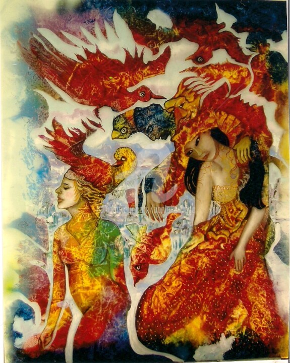 Malerei mit dem Titel "Oiseaux de Feu" von Danielle Vasa, Original-Kunstwerk