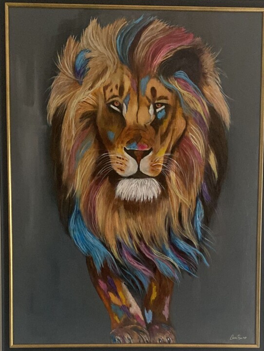 Painting titled "Colorful Lion" by Dani Bueno, Original Artwork, Acrylic Mounted on Wood Stretcher frame