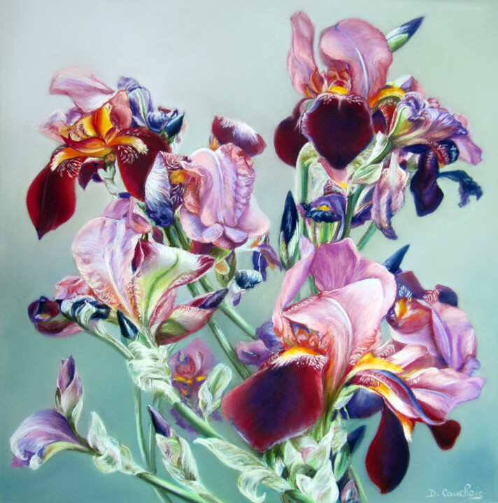 Peinture intitulée "Iris en folie" par Danielle Cauchois, Œuvre d'art originale, Pastel Monté sur Autre panneau rigide