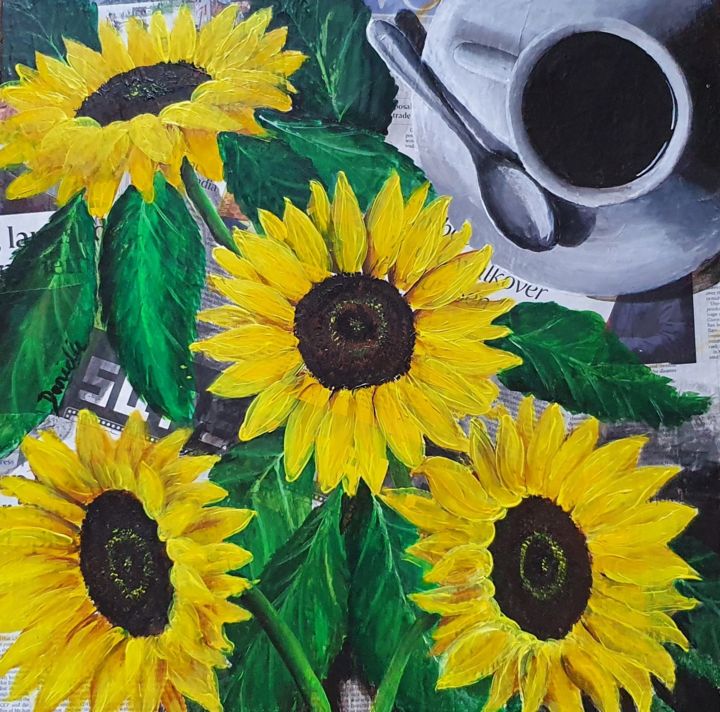 「Sunflower & Coffee」というタイトルの絵画 Danielle Siauwによって, オリジナルのアートワーク, アクリル ウッドストレッチャーフレームにマウント