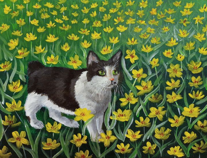 Painting titled "Oreo smelling the f…" by Danielle Siauw, Original Art, Acrylic Mounted on Wood Panel