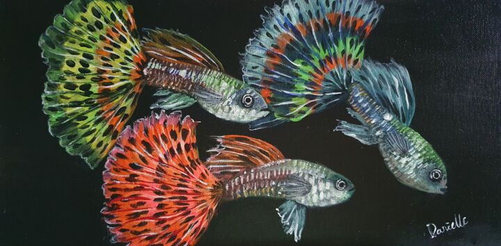 Painting titled "Guppies 1" by Danielle Siauw, Original Artwork, Acrylic Mounted on Cardboard